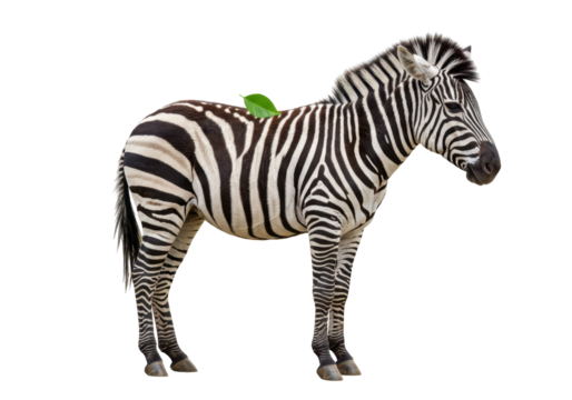 Isolated Zebra with a Leaf on its Back Standing Calmly in the Studio with No Background