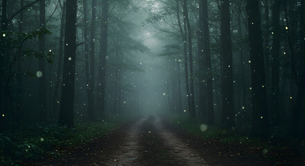 Obraz premium Misty forest path with glowing fireflies at twilight