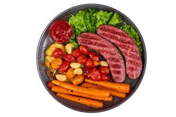 Grilled Sausages with Carrots, Tomatoes and Lettuce, isolated on white background