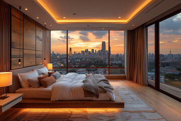 A spacious penthouse bedroom features a large bed with soft bedding positioned toward a stunning city skyline. The sunset casts a warm glow, creating a cozy and inviting atmosphere