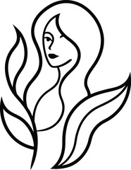 Woman with Flowing Hair Merging into Leaves Line Illustration on Transparent Background