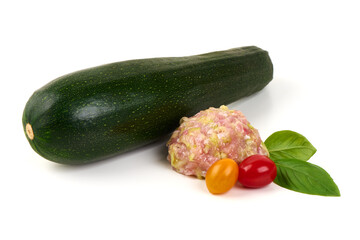 Zucchini with Ground Meat, Cherry Tomatoes, Basil, isolated on white background