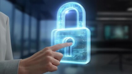 Holographic padlock interface being touched by a finger - Powered by Adobe