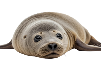 Isolated harbour seal pup lying calmly, relaxed, and gazing forward peacefully.