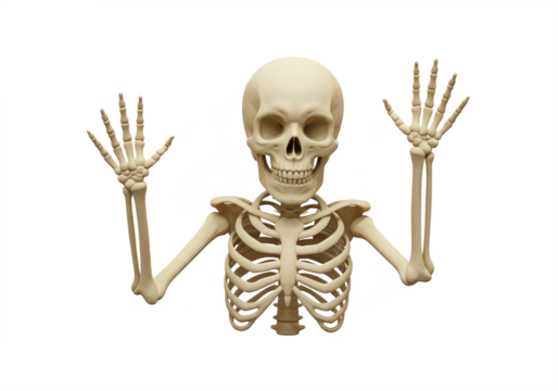 Spooky human skeleton with raised hands and wide grin, perfect for Halloween promotions, educational content, or creative projects needing a touch of the macabre and mysterious.
