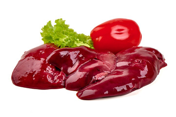 Raw beef liver alongside a tomato and lettuce, isolated on white background.