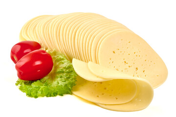 Sliced Cheese with Tomatoes and Lettuce, isolated on white background