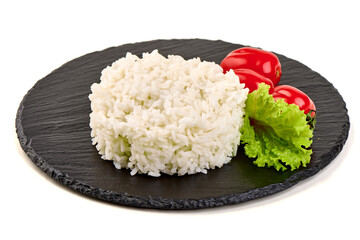 Cooked Rice with Tomatoes and Lettuce, isolated on white background