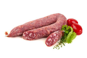 Salami with Tomatoes, Lettuce, and Thyme, isolated on white background