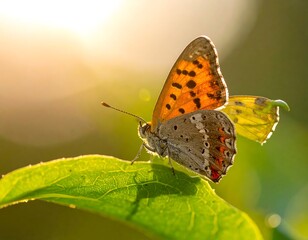 Obraz premium A close-up shot of a butterfly perched on a green leaf, backlit by the warm glow of sunlight