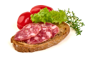 Salami on Bread with Tomatoes, Lettuce and Thyme, isolated on white background