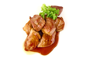 Glazed Pork Bites with Lettuce, isolated on white background