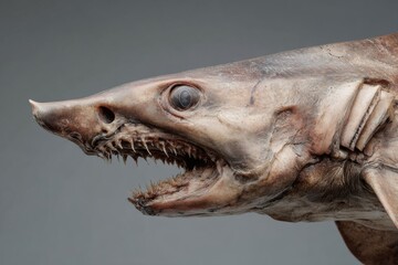 A close-up of a shark showcasing its sharp teeth and textured skin
