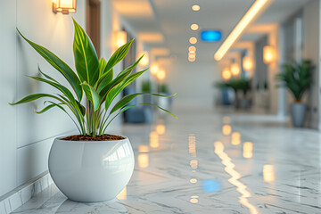 Bright, clean hallway showcases polished floors and elegant lighting, enhancing the atmosphere. A single potted plant adds a touch of nature to the modern interior, creating a calm environment