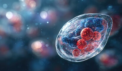 Microscopic image of an intricate cell, showcasing internal structures in vibrant detail