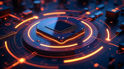 Glowing futuristic microchip with neon orange circuits on dark electronic board, showcasing advanced technology and innovation