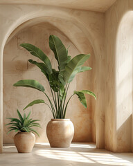 A clean and spacious hallway showcases two decorative plants in elegant pots. Natural light filters in, highlighting the serene and calming environment created by the plants