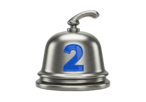Isolated metal desk bell with a blue two symbol, table call for service ringing device