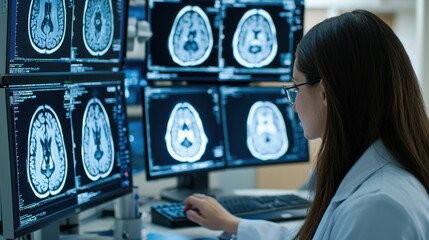 Female doctor analyzing brain MRI scans on multiple computer monitors in medical laboratory