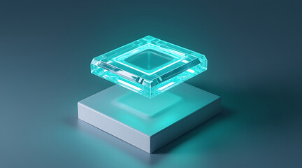 Glowing turquoise geometric crystal chip hovering above white base on dark surface, emitting futuristic and calm light