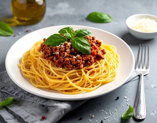Close-up of spaghetti with meat sauce and basil on a white plate