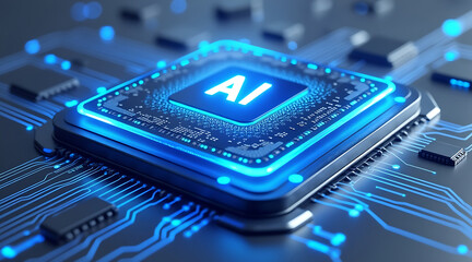Glowing blue AI chip floating above smooth reflective circuit board with connected microchips and electronic pathways