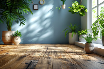 This clean home office features an oak desk surrounded by vibrant green plants. Natural light streams through the windows, creating a peaceful atmosphere for work