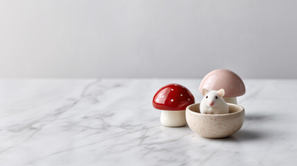 Whimsical Hamster Scene: A cute hamster, nestled in a wooden bowl, is surrounded by colorful mushroom figurines, creating a playful and inviting scene.