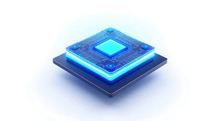 Glowing blue AI chip floating above smooth reflective surface with futuristic technology and digital circuit design