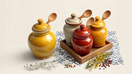 Ceramic Jars Display: An artful arrangement of four ceramic jars in varied hues, each paired with a wooden spoon, poised gracefully on a tray, showcasing rustic elegance and culinary charm.