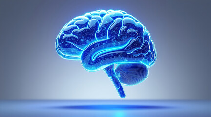 Glowing neon blue human brain levitating above reflective surface with futuristic and scientific atmosphere