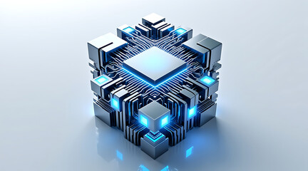 Metallic AI chip in shape of fractal cube with glowing blue lights and intricate circuit patterns, symbolizing advanced technology and innovation