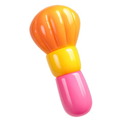 Vibrant 3D Rendered Makeup Powder Brush with Glossy Orange Bristles, Yellow Ferrule, and Pink Handle, Featuring a Stylized Design and Soft Luminous Glow on a Dark Background, Perfect for Cosmetic Indu
