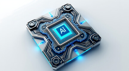 Metallic ai chip with glowing blue circuit futuristic electronic board, advanced technology concept with intricate design and illuminated details
