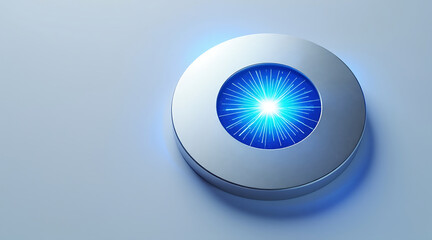 Minimal silver circular device with radiant blue energy emitting light beams, symbolizing futuristic technology and innovation