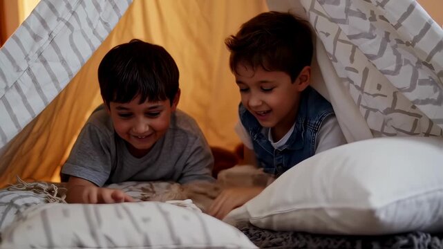 Two Young Boys Enjoying Playtime in a Cozy Indoor Tent.