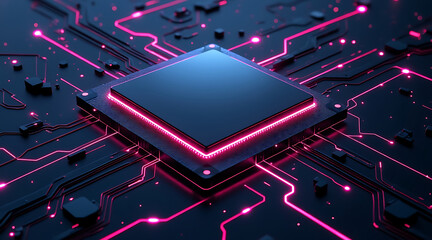 Sleek metallic microchip with glowing pink circuit lines on dark futuristic motherboard, showcasing advanced technology and energy flow