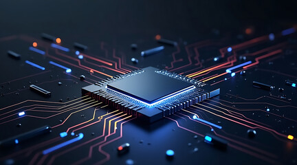Sleek metallic microchip with holographic energy glowing on dark circuit board, showcasing advanced technology and futuristic design