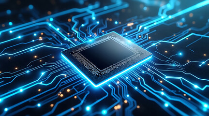 Sleek metallic microchip with holographic energy glowing on circuit board, symbolizing advanced technology and digital innovation