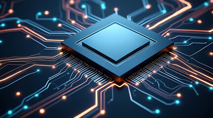 Sleek metallic microchip with holographic energy glowing on circuit board, symbolizing advanced technology and digital innovation