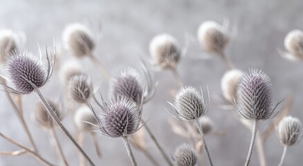 Softly lit thistles with spiky purple and gray heads against a muted gray background