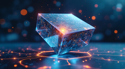 Transparent prism with luminous AI circuits inside glowing in dark futuristic environment with digital light trails and bokeh effects