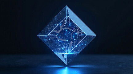 Transparent prism with luminous AI circuits inside glowing blue in dark futuristic setting, symbolizing advanced technology and innovation