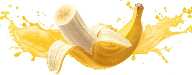 A partially peeled banana with a yellow liquid splash against a white background