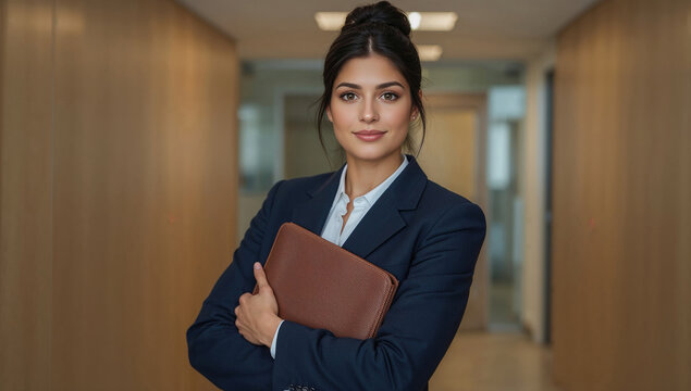 Profesional de negocios con mo&ntilde;o alto sosteniendo dossier, mirada a c&aacute;mara y bokeh suave en corredor empresarial, imagen para banners y web