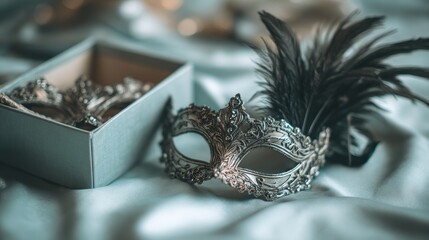 Ornate masks with feathers rest on soft fabric.