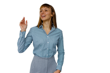 Woman smiling and waving hand, making greeting gesture, posing cutout isolated on transparent background