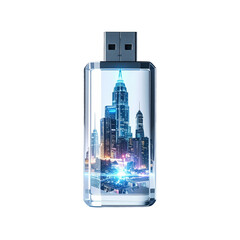Modern USB drive showcasing a vibrant cityscape at night, symbolizing digital storage of urban data and connectivity.