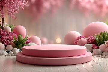 Elegant pink podium display with spheres and floral decor for product showcase and events