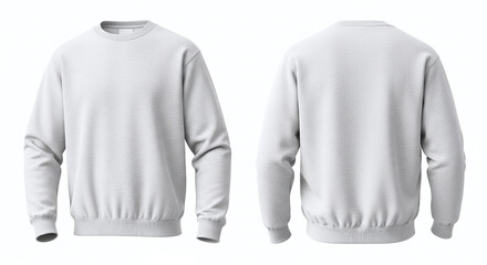 Front and back view of a plain white crewneck sweatshirt isolated on white background